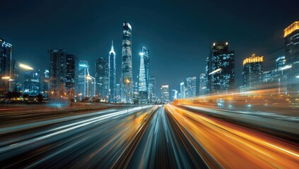 Fototapeta premium Streaking lights of a modern city at night with tall buildings