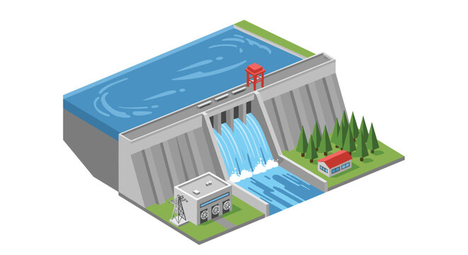 A large concrete hydroelectric dam features a distinctive red control tower and a small red-roofed house nestled among green pine trees on a slope.