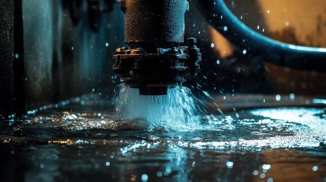 Industrial water jet cutter machine spraying high pressure water