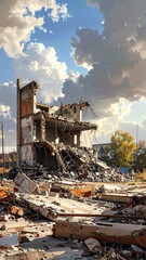 Fototapeta premium A destroyed building surrounded by rubble under a cloudy sky