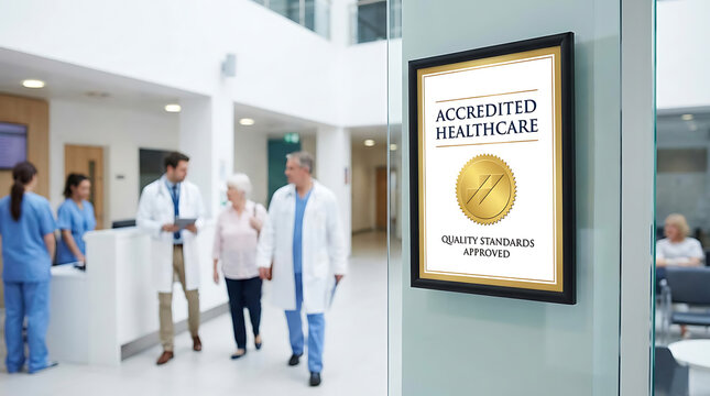 Professional Medical Accreditation Concept Featuring Certified Healthcare Standard Seal with Stethoscope and Clinical Document Representing Quality Assurance in Hospital Management Systems.