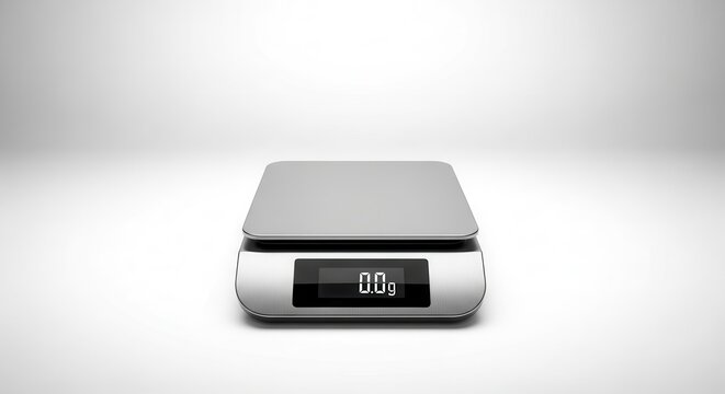 A pristine modern digital kitchen scale displaying zero grams on a crisp white studio background