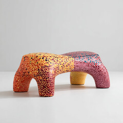 Fototapeta premium Colorful minimalist bench shaped like leopard with quilted pattern, featuring vibrant red, yellow, and blue dots for playful look