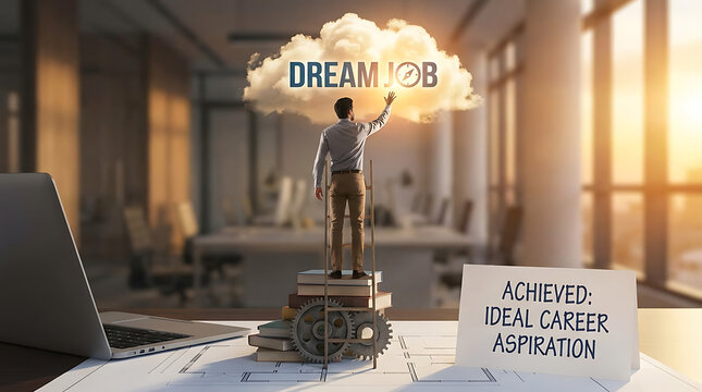 Professional reaching for success symbolic of dream career aspiration achievement and perfect employment goal realization with business growth concept