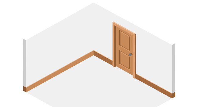 A simple isometric interior scene depicts a closed wooden door with a metallic knob situated within a clean white corner with polished baseboards.