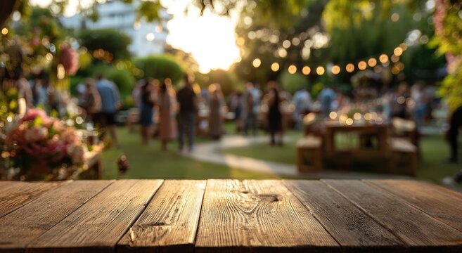 A blurred outdoor party scene is set against a wooden table in the foreground.