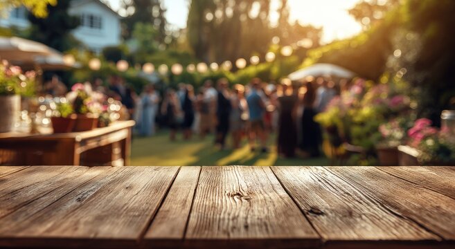 A warmly lit outdoor gathering unfolds in the background, with a rustic wooden surface in the foreground offering a space for display or interaction.