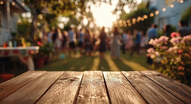 A warm, inviting outdoor gathering is softly blurred in the background, with a rustic wooden surface taking center stage, suggesting a space for display or presentation.