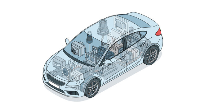 A meticulous isometric illustration of a modern autonomous vehicle features a transparent blue exterior revealing complex internal sensors and electronics in a clean style.