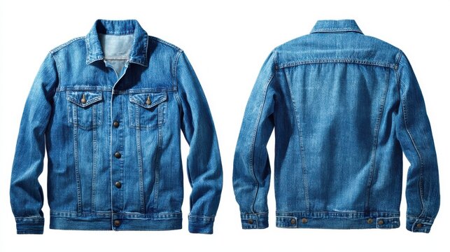 Front and back view of a blue denim jacket isolated on white background