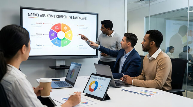 Corporate strategic presentation highlighting comparative market analysis, rival research, and target consumer demographics with dynamic financial growth charts and data visualization tools.