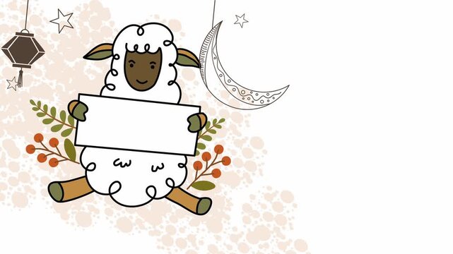 sheep holding blank banner for eid al adha greeting card