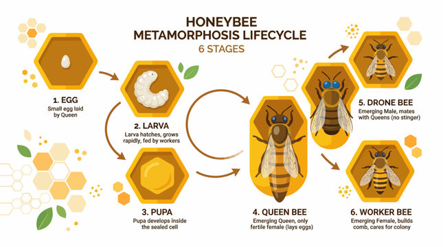 Honeybee Metamorphosis Life Cycle Flat Vector Illustration Showing Queen Worker Drone Development Stages in Detailed Educational Diagram Style for Ecology and Agriculture Content