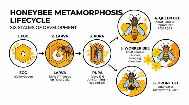 Bee Colony Growth Process Infographic Featuring Complete Lifecycle Transformation in Clean Flat Design with White Background Perfect for Environmental and Science Education