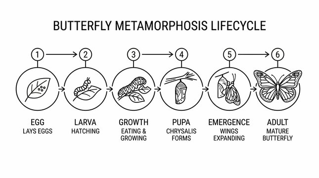 Minimalist Insect Lifecycle Infographic Showing Transformation Stages in Clean Black White Flat Design with Isolated Elements on White Background for Professional Use