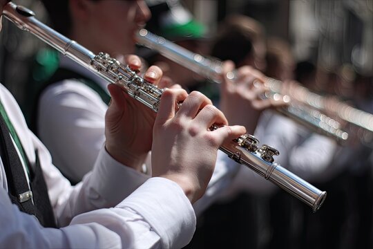 A close-up shot showcases a musician's hands skillfully holding and playing a gleaming silver flute outdoors, bathed in sunlight.
