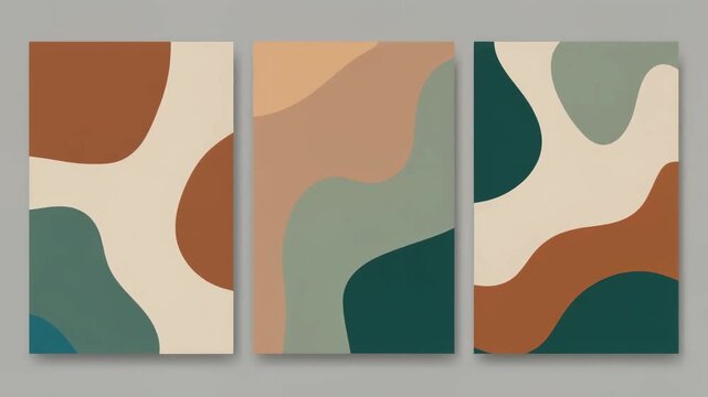 Triptych of abstract paintings with organic shapes in earthy tones. Each panel features overlapping color fields