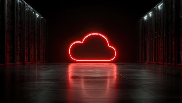 Red neon cloud glowing in a dark, reflective server room