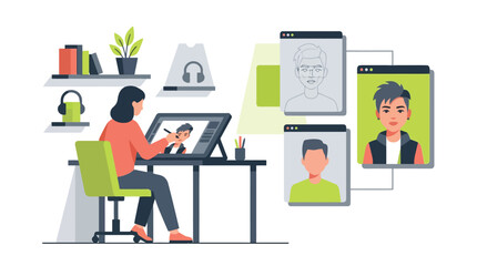 Fototapeta premium Graphic designer at desk creating digital portraits with online video conference