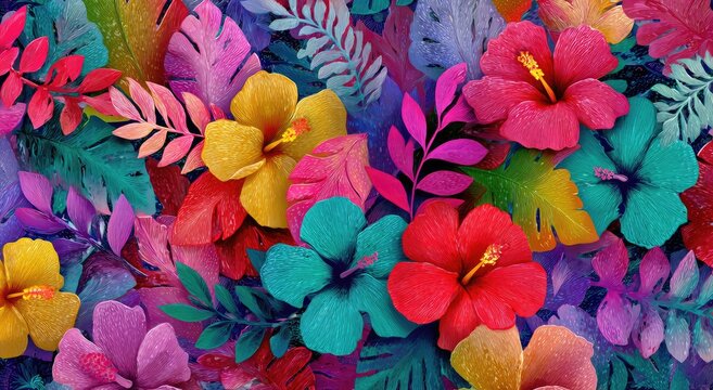 A vibrant and colorful digital artwork showcases a dense arrangement of hibiscus flowers and lush foliage in a spectrum of hues, creating a visually striking and tropical composition.