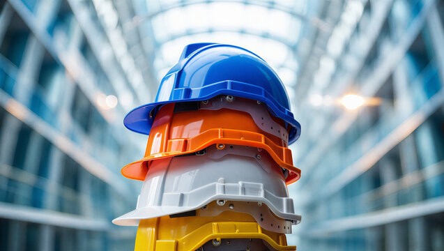 Stack of colorful hard hats inside modern building with architectural glass roof