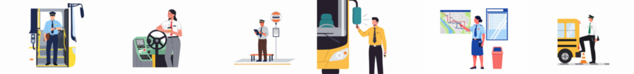 Set of flat vector illustrations depicting professional bus drivers performing various daily tasks in a public transportation and urban transit environment. © Nurdayatt