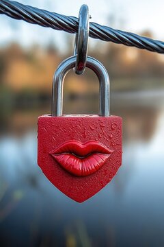 red padlock with embossed lips hanging from a twisted steel cable above a blurred lakeside, water droplets on the surface, romantic and intimate mood