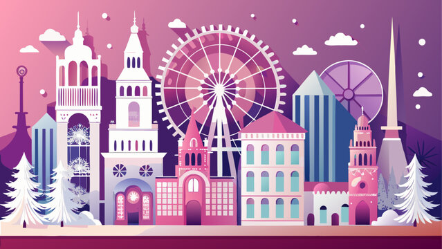 Colorful amusement park rides with ferris wheel and roller coaster