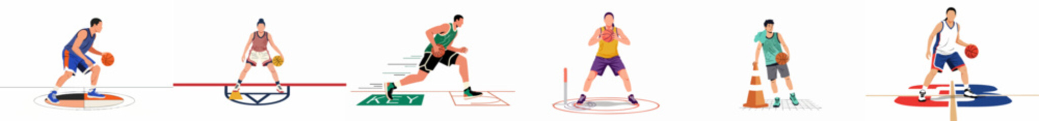 Collection of flat vector illustrations depicting male and female basketball players practicing various dribbling, movement, and shooting drills for sports training and exercise. © Nurdayatt