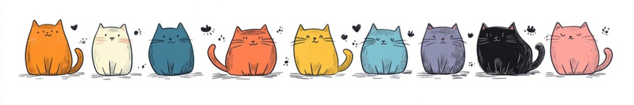 row of nine cheerful chubby cartoon cats in assorted colors with tiny hearts, paw prints and playful doodles on a white background