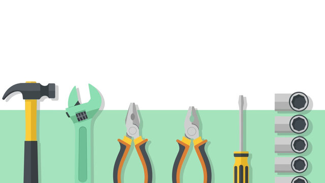 Flat design tools banner with hammer, wrench, pliers, and screwdrivers