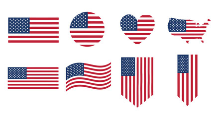 A set of waving American flag icons in red, white, and blue representing patriotism and the United States national symbol © Ashok
