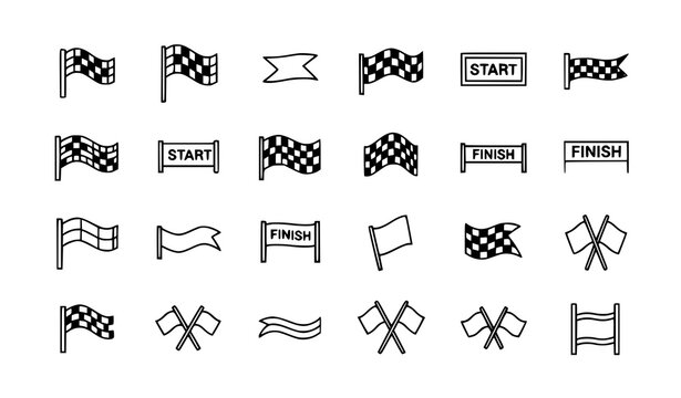 Race flag line icon set checkered start finish competition outline vector collection