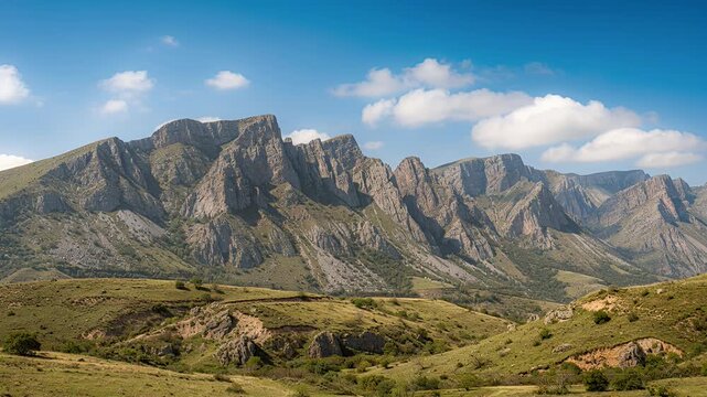 mountains landscape panorama of rugged ridge with grassy foothills under blue sky