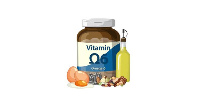 Animated infographics showing sources of omega six vitamin with supplements and natural food products.