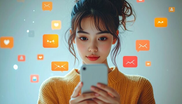 a person holding an iphone with icons of text messages and people floating above it, representing their contact list on the screen 