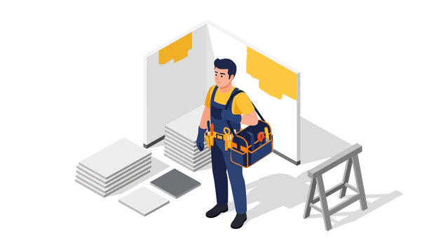 Isometric carpenter preparing for renovation with tools and materials
