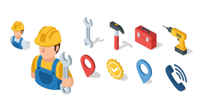Isometric construction tools and worker icons for building and repair projects