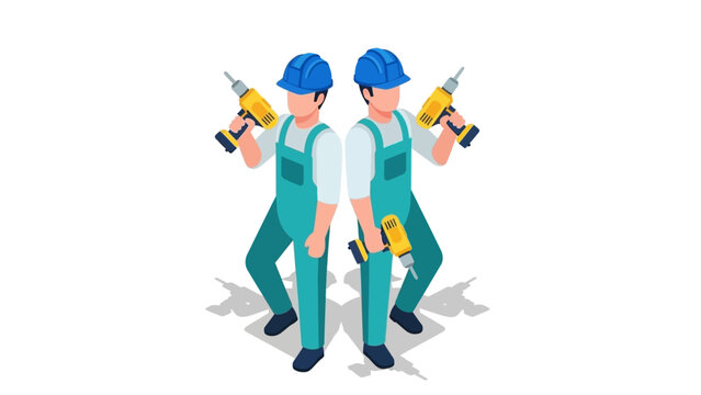 Twin construction workers in isometric style holding drills