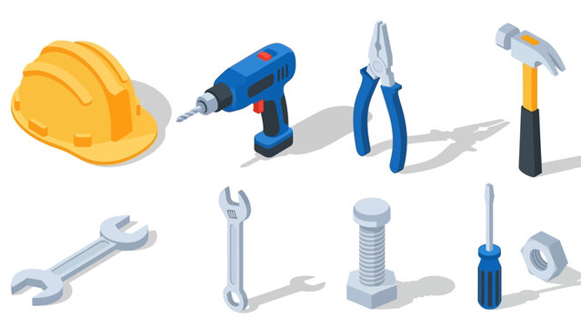 Isometric construction tools set with hard hat, drill, hammer, pliers, and wrenches for industrial design