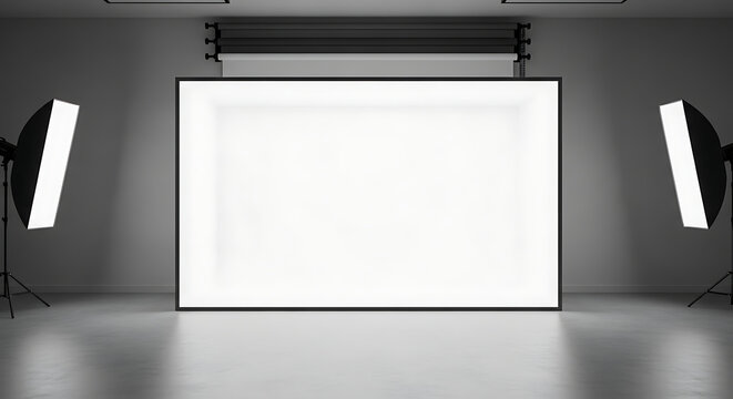 Professional photo studio setup with bright white backdrop and studio lighting equipment for creative shoots