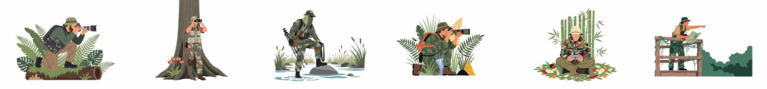 Set of illustrations featuring wildlife photographers, birdwatchers, and adventurers exploring and documenting various nature environments like forests and swamps.