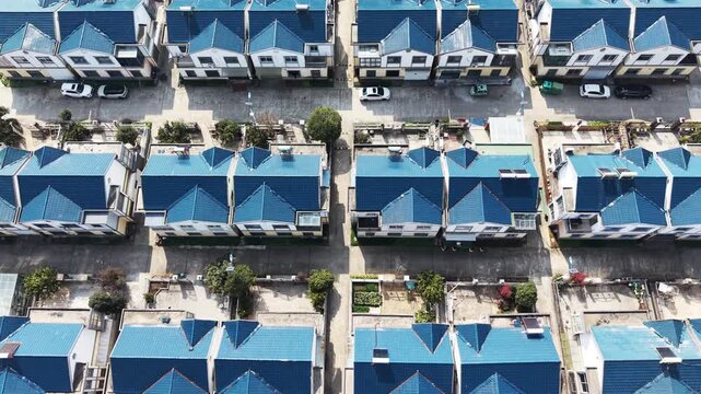 aerial view of modern blue residential buildings