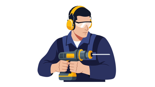 Man using power drill with safety gear in modern flat design