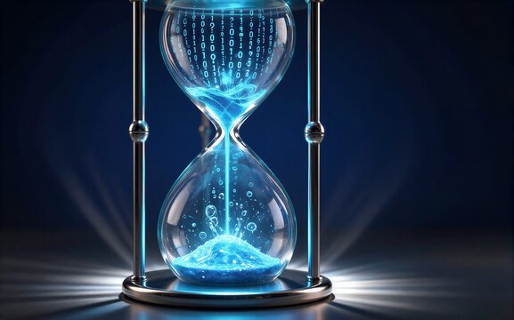 Digital hourglass with binary code glowing blue sand flowing through