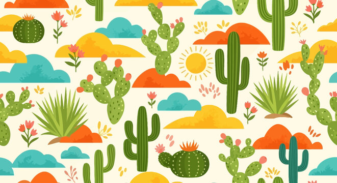 Desert cactus pattern background presents playful botanical elements in vibrant flat design for Cinco de Mayo theme
