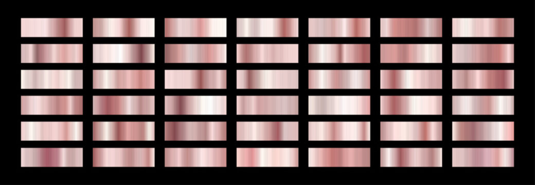Gold gradients and copper Foil. Metallic Palette and swatch degrade strip. Features shiny rose Gold backgrounds. Vector illustration.