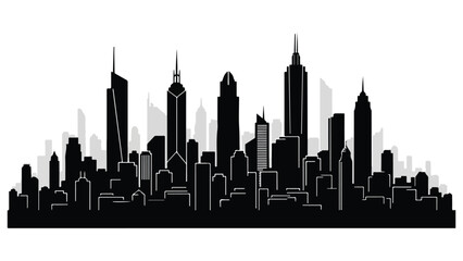 Obraz premium City skyline with tall buildings and skyscrapers in black silhouette on white background