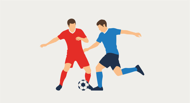 Dynamic vector illustration showcasing two male football players engaged in an intense game, competing for possession of the ball on a neutral background, symbolizing teamwork and rivalry in sports