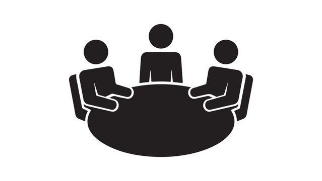 Three people sitting around a round table in a simple graphic illustration style